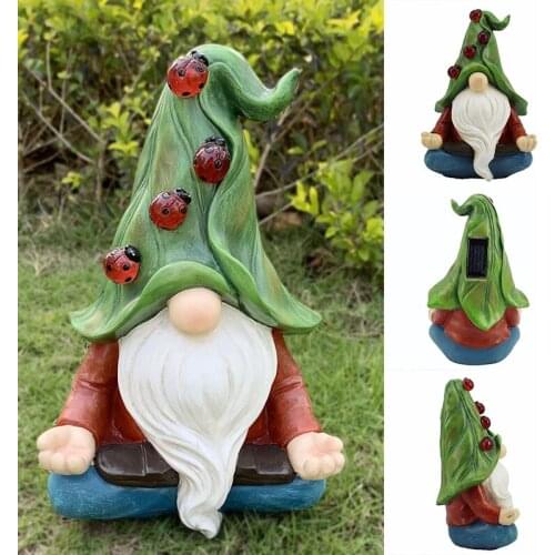 Garden Solar Gnome Statue with 4 Ladybug Lights Meditating Sculpture Outdoor Figurines Lawn Patio Yard Porch Ornament