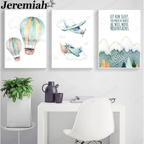 Nordic Cartoon Canvas Poster Airplane Balloon Painting Wall Art Modern Boy Bedroom Home Decoration Frameless