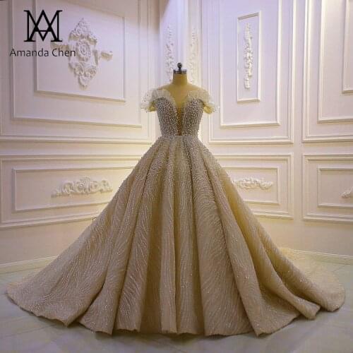 Special Design Floral Pearls Lace Shinning Low Cut Wedding Dress