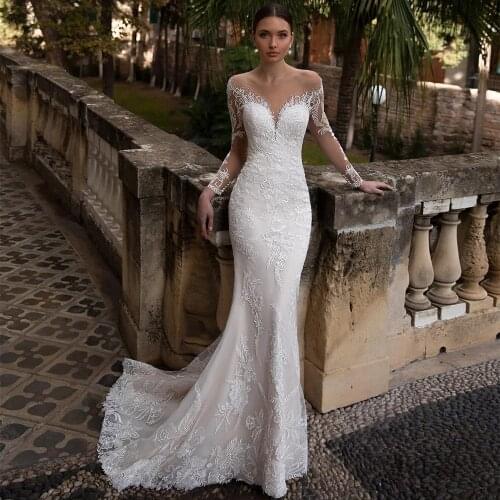 Boho Wedding Dresses Mermaid Long Sleeves Tulle Appliques Lace Beaded Dubai Arabic Wedding Gown Bridal Dress Vestido De Noiva