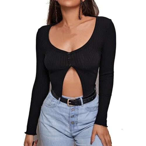 Women Front Button Ribbed Crop Top Autumn Solid Color Long Sleeve U Neck Slim Fit Bottom Split Knitwear T Shirts Female Tops