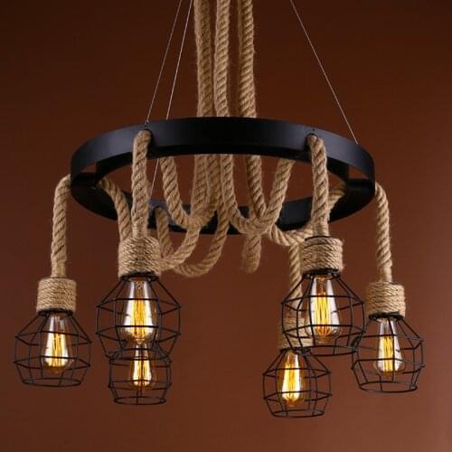 Vintage Rope Chandelier E27 Lampshade spider chandelier 6 Lights lustre Retro wrought iron Pendant Lamp Fixtures