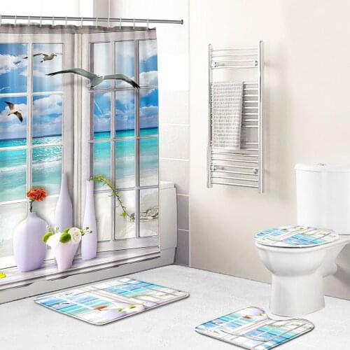 Personalized Sea Animal 3D Printing Waterproof Fabric Bathroom Accessories Shower Curtain 4 Sets of Non Slip Carpet Bath Mat