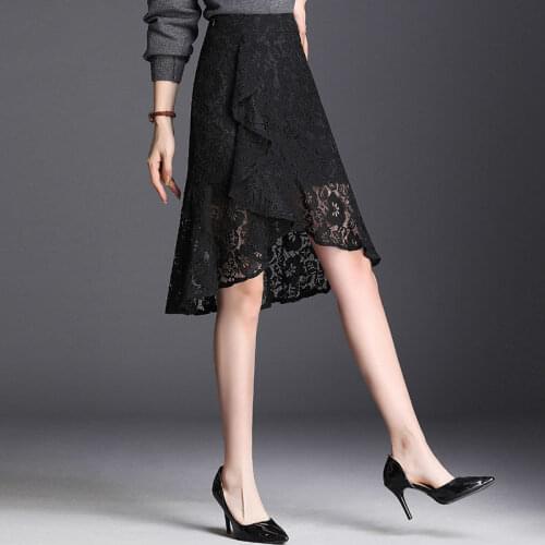 2021 Spring Autumn Women Fashion Vintage Black Hollow Out Lace High Waist Slim Irregular Knee-Length Fishtail Skirts M-4XL Y599