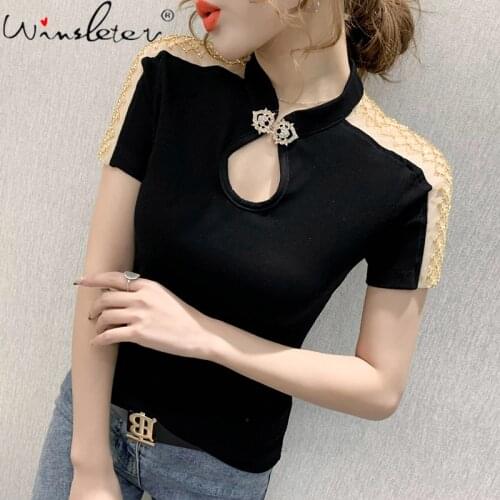 Summer Korean Style Cotton T-Shirt Chic Hollow Out Shiny Patchwork Mesh Beads Elegant Women Tops Short Sleeve Tees New T14516A
