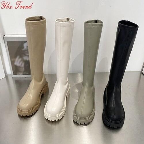 Womens Knee High Boots PU Leather Zipper Ladies Shoes Autumn Long Boots Platform Footwear Woman Fashion Motorcycle Boots 2021