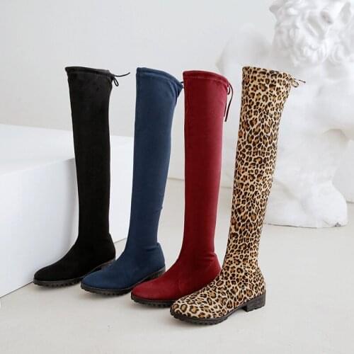 YQBTDL Large Size 34-43 Elastic Faux Suede Slim Over Knee Boots Womens Chunky Heels Winter Shoes Leopard Ladies Overknee Boots