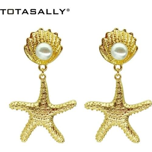TOTASALLY New Arrival Fashion Golden Alloy Seafish Pendant Earrings Simulated Pearl Shell Women Earring Beach Jewelry pendientes