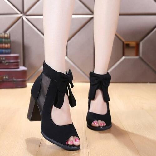 2016 Roman new female summer suede mesh peep toe PU chunky high heels pumps bowknot back zipper platform gladiator sandals shoes