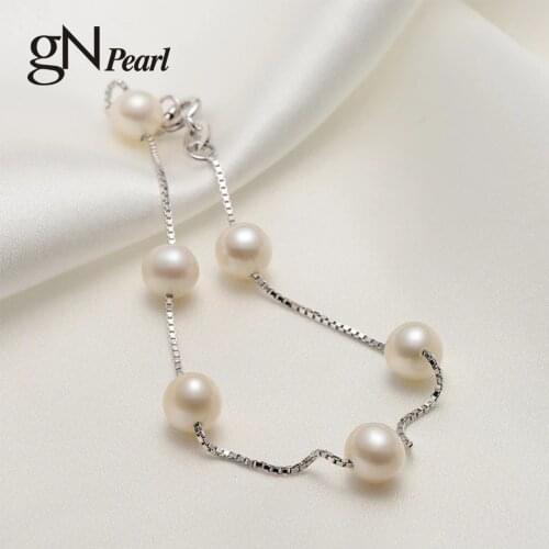 GN Pearl Bracelets 925 Sterling Silver Chain gNPearl Genuien 6-7mm Natural Freshwater Pearl Bracelet Fine Jewelry for Women