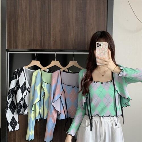 Vintage Argyle y2k Cardigan Women Knitted Sweater Two Piece Set Autumn New Camisole + Long Sleeved Cardigans Woman