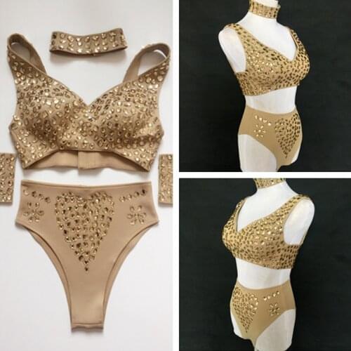 European American Clothing Female Singer Rhinestone Bikini Skin Color Crystal Bra Sexy Birthday Outfits For Women DJ Wear DB2441