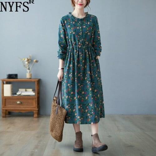 NYFS 2021 New Spring Autumn Vintage Loose Woman Dress Vestido de mujer Robe Elbise Cotton Linen floral Dresses for Women