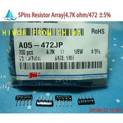 200pcs/lot)(Array Resistors|A05) A05-472J DIP Resistor Array Network, 1/8W 5Pin 4.7K ohm 472 5