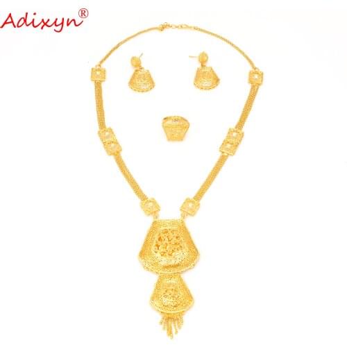 Adixyn 24k Long Chain Earrings Ring Jewelry Set Gold Color/Copper Indian Bridal Jewelry Dubai Arab Wedding Gifts N1021F1