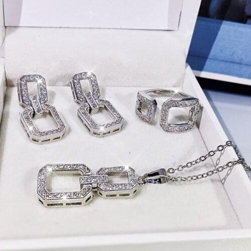 Three-piece silver ladies jewelry set inlaid zircon crystal necklace pendant earrings adjustable ring exquisite simple jewelry