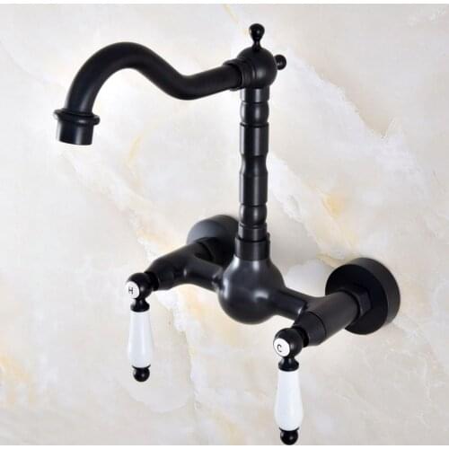 Black Oil Rubbed Bronze Wall Mounted Bathroom Kitchen Sink Faucet Swivel Spout Mixer Tap Dual Ceramics Handles Levers anf857
