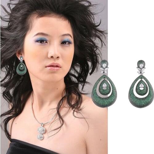 MECHOSEN Womens Banquet Party Classic Water Drop Double Full Flower Zircon Green Jewelry Earrings Women Engagement Bride Weddin