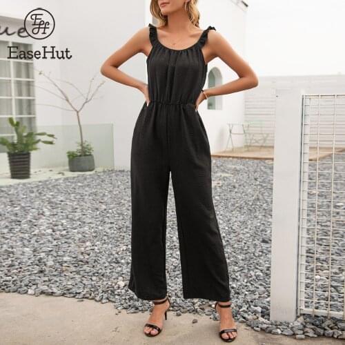 EaseHut Fashion Women Solid Color Jumpsuit Shoulder Strap High Waist Pocket Wide Leg Pants Casual Romper Playsuit Summer