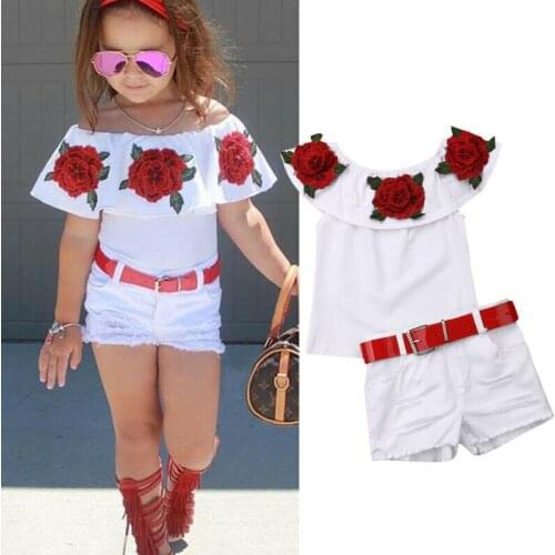 2PCS Toddler Baby Girls Kids Clothes Rose Flower Off Shoulder Tops+Denim Shorts Girls Summer Outfits Clothes