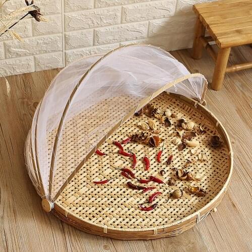 Food Serving Basket Hand-Woven Dustproof Cover Storage Container Hand-woven Insect-proof Basket With Gauze For Home Organizer
