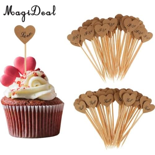 MagiDeal 50x Vintage Kraft Paper Heart Cupcake Topper Food Picks Wedding engagement Birthday partiesDecor I Do / LOVE