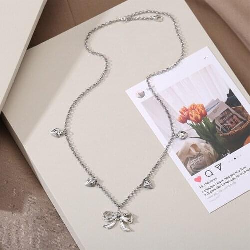 Sweet Girls Bowknot Pendants Necklaces for Women Trend Heart Letter Silver Color Chain Necklace Neck Collars Collier Jewelry