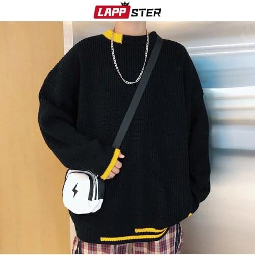 LAPPSTER Men Korean Patchwork Sweaters Pullovers 2021 Mens Black Fashions Casual Oversized Knitted Sweater Autumn Oversized Tops