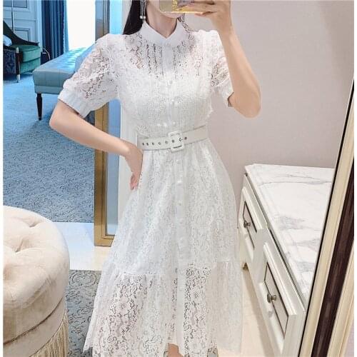 JSXDHK New Arrival Runway Self Portrait Lace Dress Summer Womens Single Breasted White Hollow Out Ruffles Long Dress With Belt