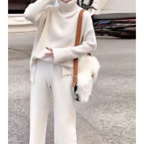Obrix Female Knitted Cool Set Turtleneck Full Sleeve Loose Sweater Wide Leg Pants Streetwear Outfit For Women