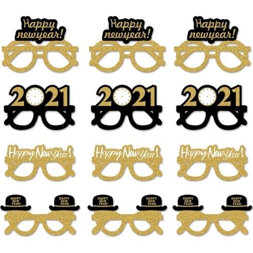 New Year Party Glasses, Glitter Gold Paper Eyeglasses Frame for Kids Adults Party Supplies New Year Party Decors