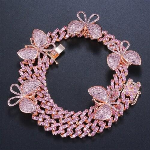 Cute Butterfly Pink Zircon Hip Hop Necklaces For Women Men Vintage Fashion Gold/Rose Gold/Silver Color Cuban Chain Male Necklace