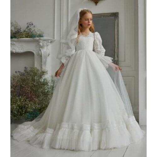 Flower Girl Dresses Long Sleeves Layers Tulle Little Princess Birthday Dresses Custom Made First Communion Dress