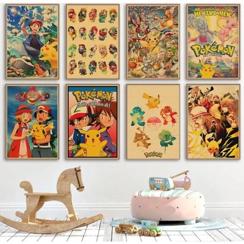 Pokemon Pocket Monsters Cartoon Vintage Poster Pikachu Retro Canvas Painting Picture Wall Sticker Art Home Decor Print Mural