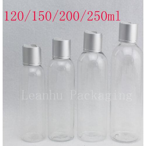 120ml 150ml 200ml 250ml Empty Transparent Plastic Container Silver Disc Top Cap Cosmetics Liquid Soap Bottles Shampoo Lotion