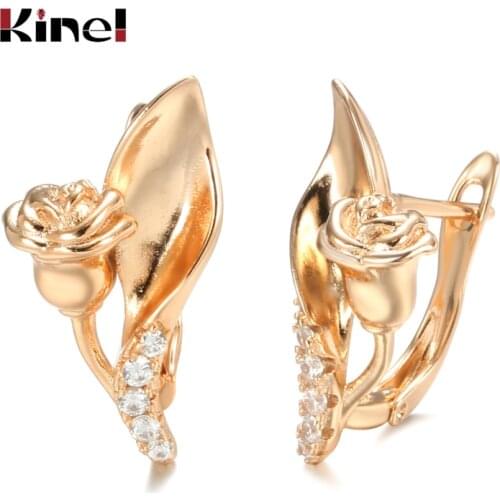 Kinel Hot Vintage Bride Wedding Earrings 585 Rose Gold Natural zircon Rose Earrings for Women Fine Jewelry Party Gift