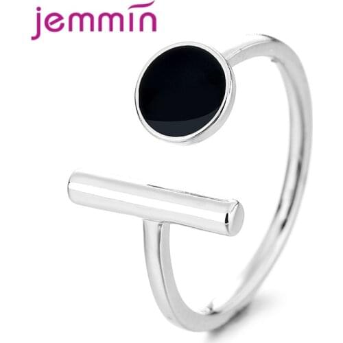 Special Unique Real 925 Sterling Silver Open Rings with Black Enamel Round Geometic Finger Ring for Women Wedding Jewelry