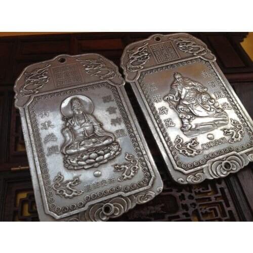 2PCS Elaborate old Tibetan Silver Guan Gong / kwan yin buddha statue Amulet Auspicious Plates