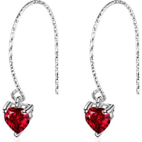TJP Trendy 925 Sterling Silver Earrings For Women Jewelry New Fashion Red Crystal Heart Drop Earring Girl Lady Party Accessories