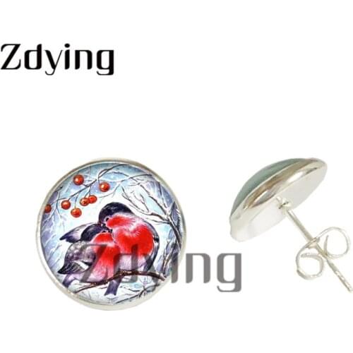 Zdying Cute Birds Stud Earring Glass Animal Photo Cabochon Dome Earring For Girl Womens Party Birthday Jewelry Gift BF064