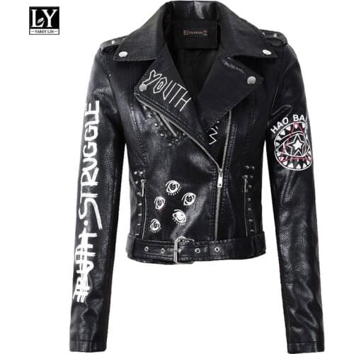 LY VAREY LIN 2020 New Autumn Winter Women Faux Leather Jacket Turn Down Collar Letter Print Epaulet Rivet Zipper Biker Outerwear