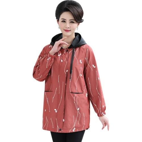 Womens Jacket 2020 New Plus Size Spring Autumn Casual Elegance Hooded Loose Female Middle-aged Windbreaker Outwear Top Ladies