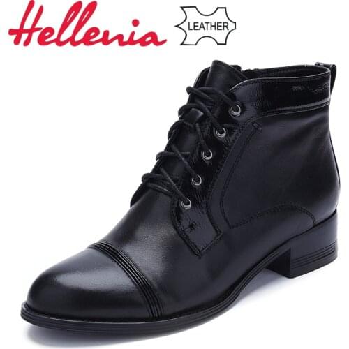 Hellenia 2018 New arrival Women Boots Autumn Black Genuine Leather Mid-Calf Lace-up Round Toe High Quality Fashion Women Boot