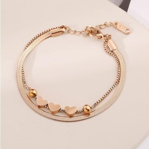 Gold Colour Stainless Steel Double-Layered Chains Bracelet Bangle Women, Elegant Hearts Beads Bracelets Fashion Jewelry 2021