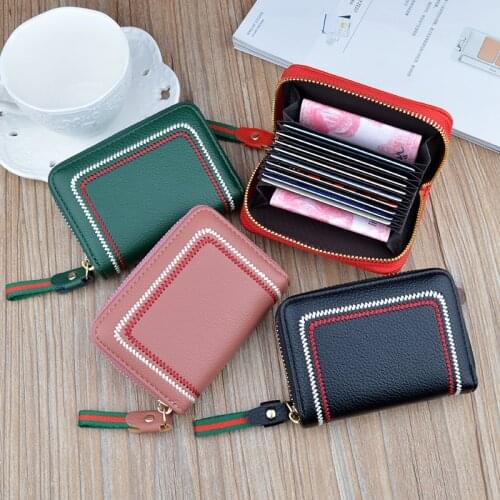 Womens Wallet Color Embroidery Zipper Multiple Card Slots Coin Purses Female Pu Leather Solid Color Card Holder Clutch Bag
