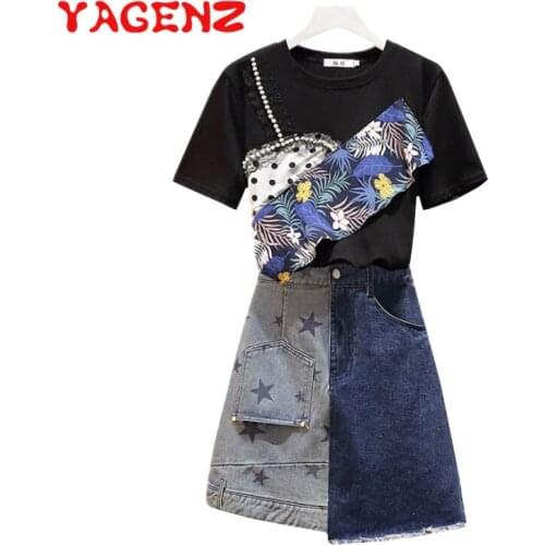 YAGENZ Fashion Plus size Suit Woman Summer Outfit Two Piece Sets Women Short sleeve Print Beaded Tops And Skirt 2 Piece Sets 789