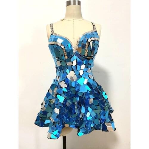 Sequin Dance Costume Sexy women Silver Mirror Rhinestone Sling Short Dress Women DJ Singer Dancer Bar Nightclub Sexy Stage Wear