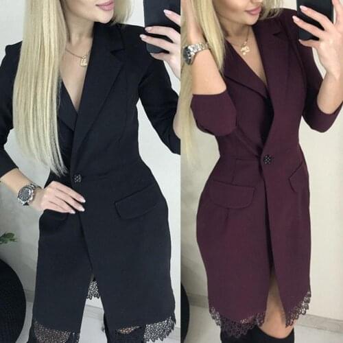 70% Hot Sell Office Lady Lapel Collar 3/4 Sleeve Lace Hem Button Knee-length Dress Blazer