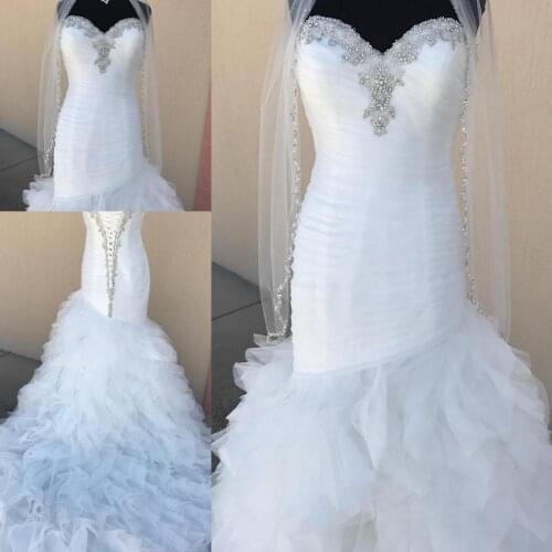 Vestidos de novia 2019 Mermaid Wedding Dresses with Free Veil Real Pictures Pleated Tulle Vintage robe de mariee Lace Up Back