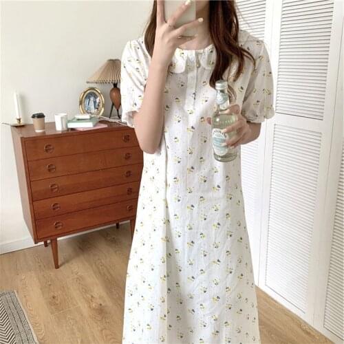 2021 Summer New Lovely Pure Cotton Loose Idyllic Little Flower Nightdress Womens Sweet Lotus Leaf Home Clothes Nightgown